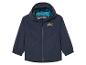 Een donkerblauw jack met capuchon voor kinderen, met de tekst 'Wild Wood Adventure'.