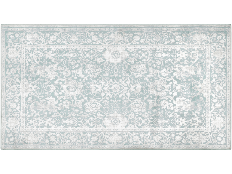 Rechthoekig vloerkleed met abstract bloemenpatroon en decoratieve rand, in blauwe en witte tinten.