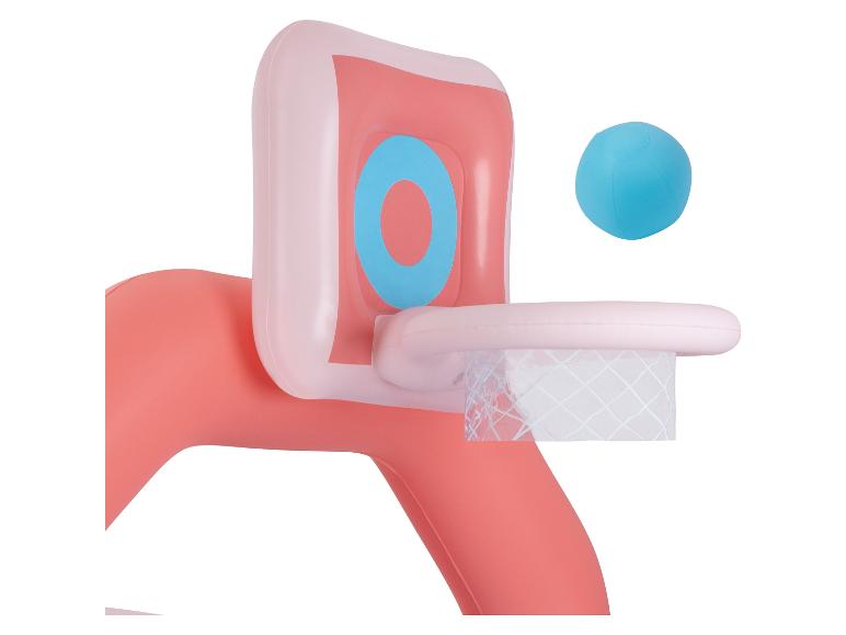 Roze en lichtblauwe opblaasbare basketbalring met bal.