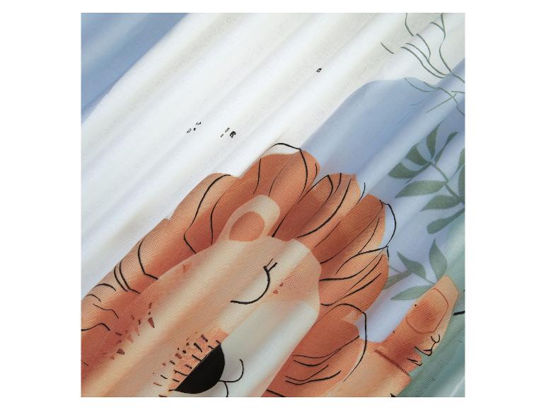 Stof met leeuwen en bladeren, kinderachtige stijl.