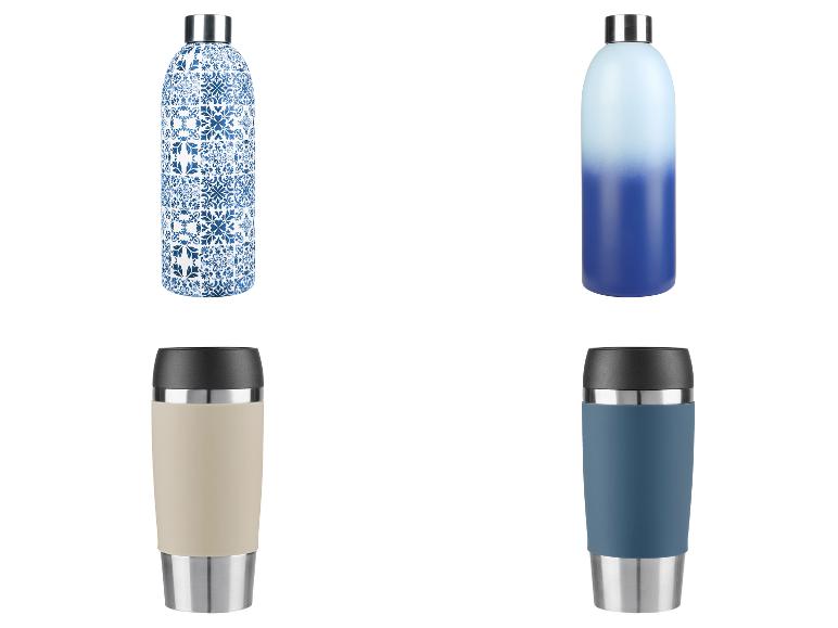 Thermosflessen en reistassen: Azulejos patronen en blauwe gradiënten.