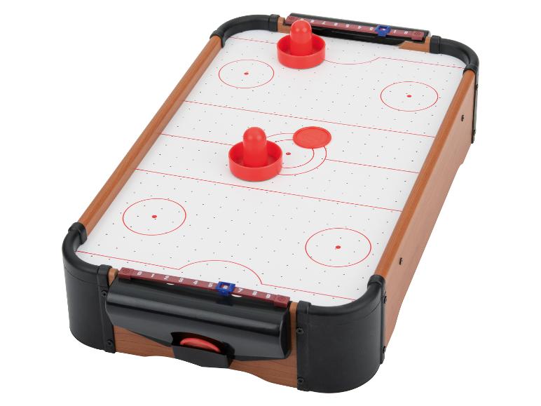 Mini airhockeytafel met twee rode pushers en een puck.