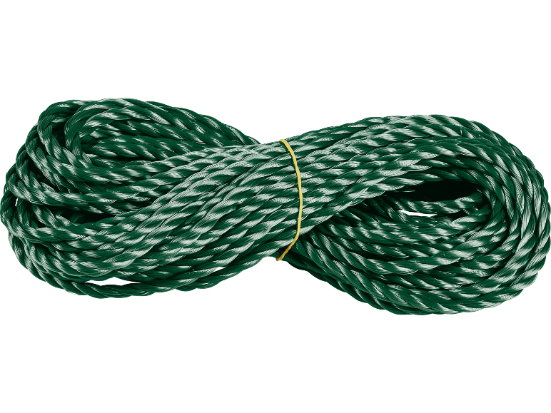 Groen touw opgerold in een achtvorm, vastgezet met een geel elastiekje.