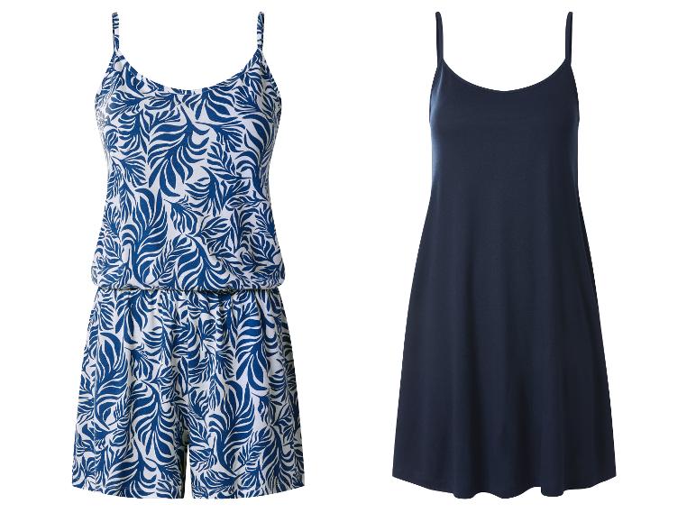Blauw-wit gestreepte korte jumpsuit en marineblauwe camisolejurk.