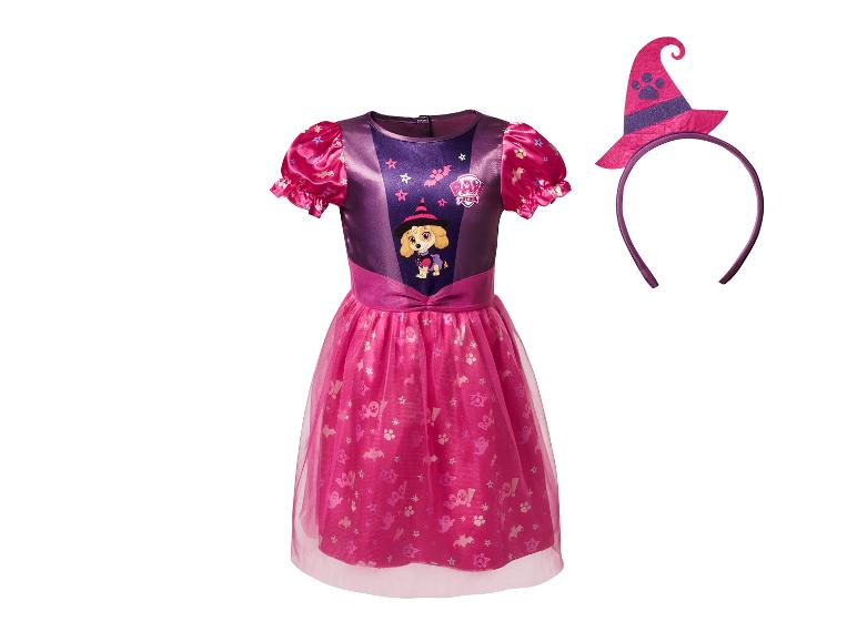 Paarse en roze Halloween-jurk voor kinderen met hondenprint en bijpassende heksenhoed.