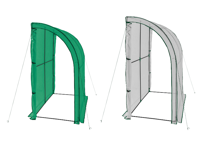 Twee tunnelkassen: één groene en één transparante, met zwarte frames.