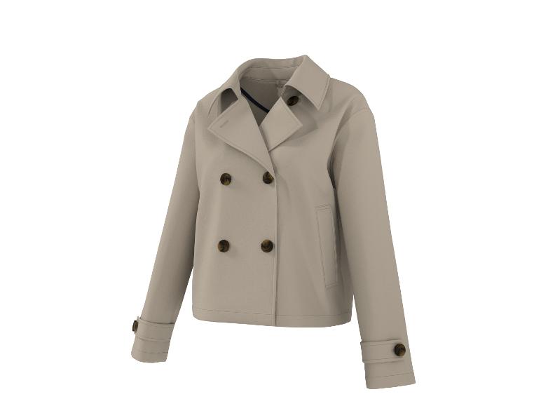 Beige dames korte jas met dubbele rij knopen en bruine knopen