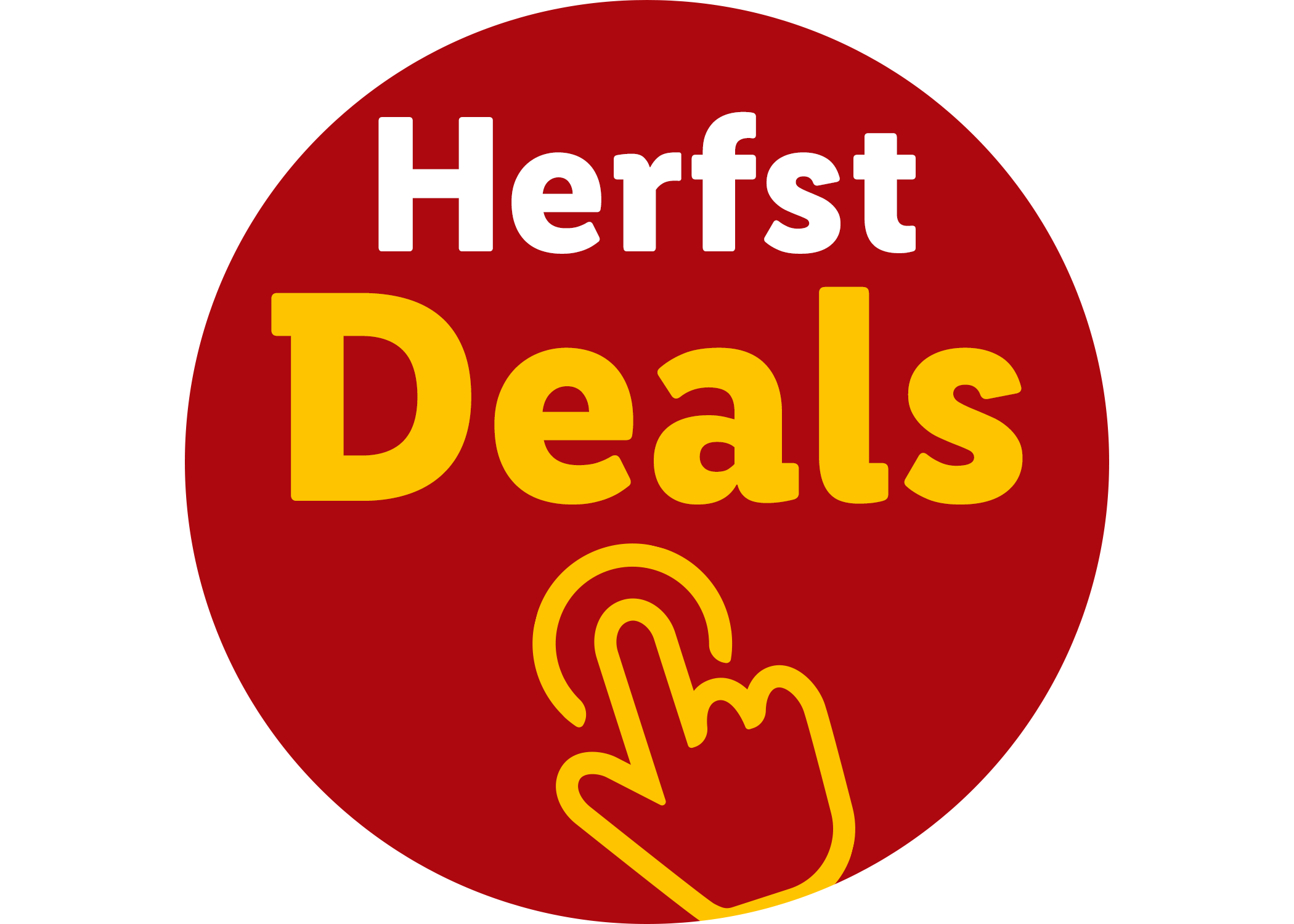 Rode ronde badge met de tekst 'Herfst Deals' en een hand-icoon.