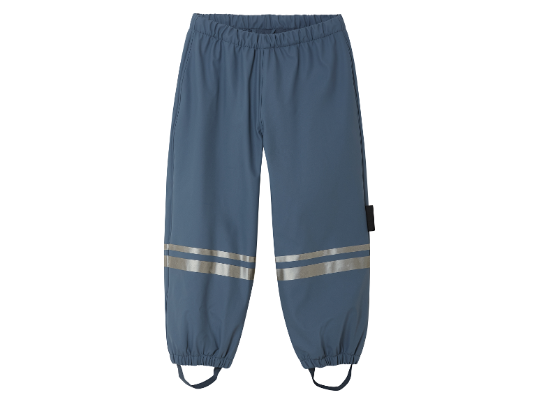 Waterdichte kinderbroek, blauwgrijs met reflecterende strepen.