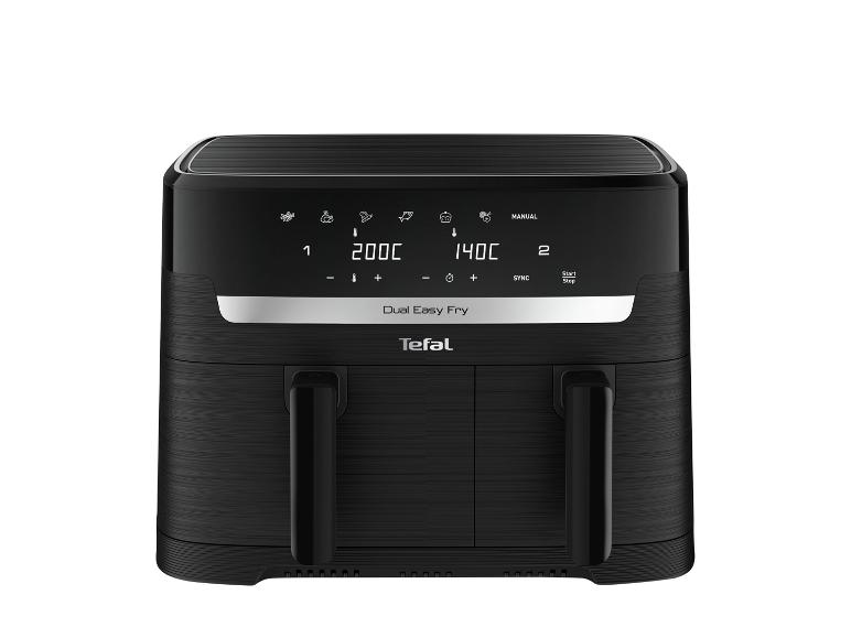 Zwarte dubbele airfryer met digitaal display dat 200C en 140C instellingen toont.