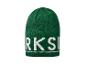 Groene gebreide beanie met wit logo.