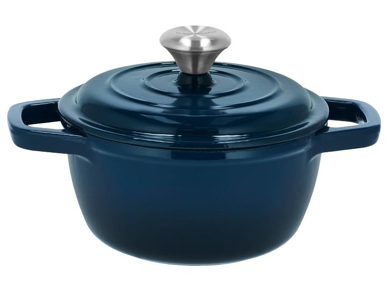 Donkerblauwe geëmailleerde gietijzeren braadpan met deksel en zilverkleurige knop