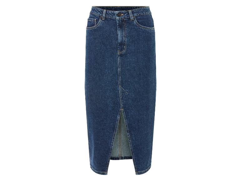 Een blauwe denim rok met een split.
