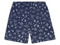 Blauwe shorts met luipaardenprint en palmen.