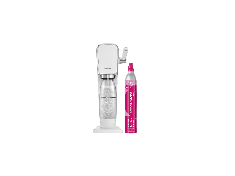 Witte bruiswatermachine met fles en roze CO2-cilinder.