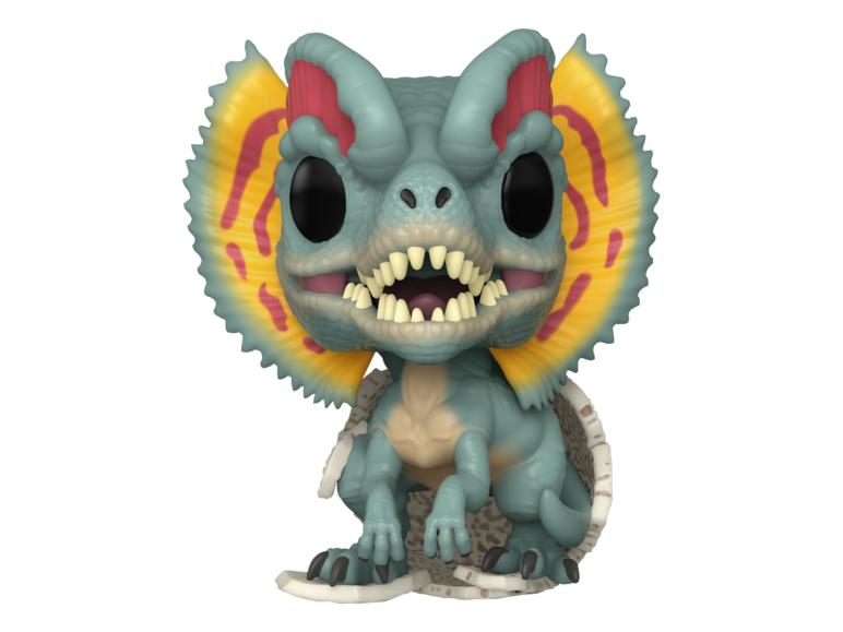 Een Funko Pop figuur van een blauwe dinosaurus met een gele en rode kraag, scherpe tanden en zwarte ogen.
