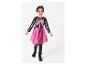 Meisje in skeletkostuum met roze rok en gezichtsmake-up.