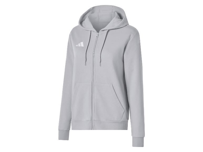 Grijze hoodie met rits en een wit logo op de borst.