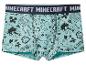 Lichtblauwe Minecraft boxershorts met zwart Minecraft-logo op de tailleband en gamefiguren.