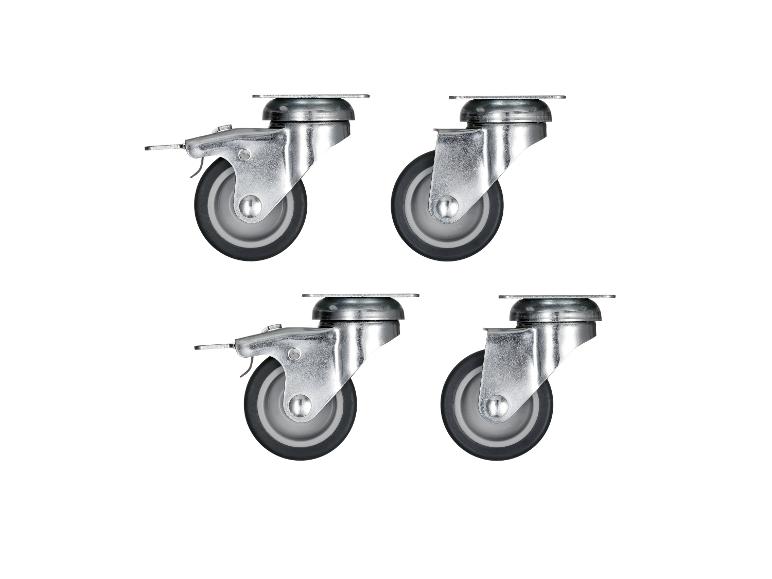 Vier metalen zwenkwielen voor meubels.