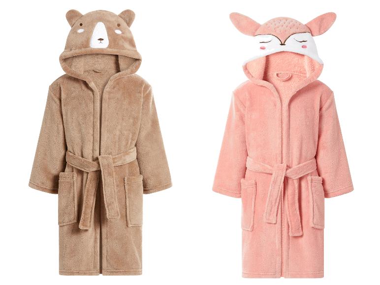 Twee kinderbadjassen: een bruine met berenthema en een roze met vossenthema.