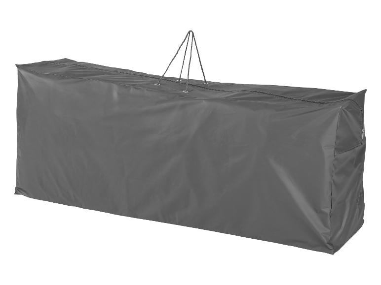 Grijze beschermhoes voor tuinmeubelen met rits en handvatten.