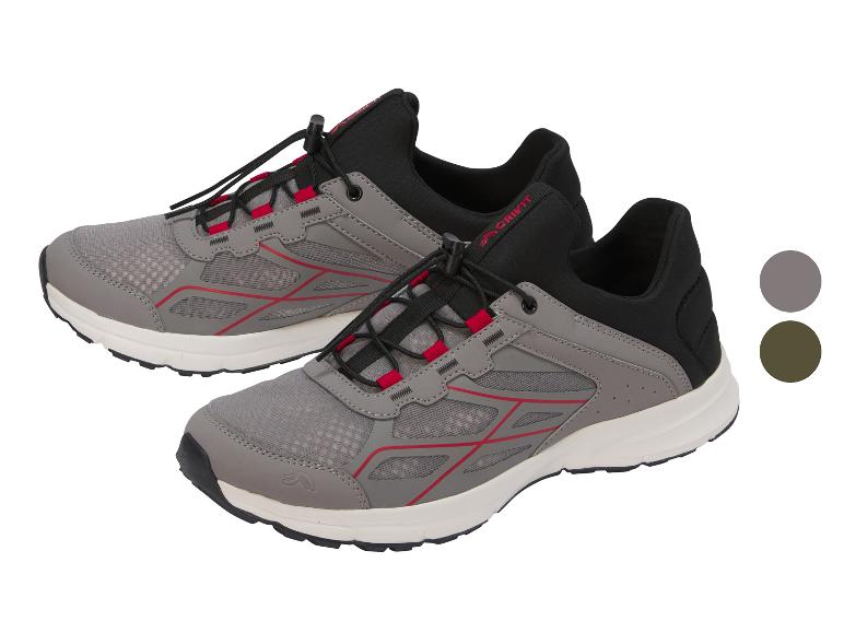 Grijze sportschoenen met rode details en elastische veters