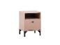 Roze nachtkastje met één lade en open plank, zwarte poten