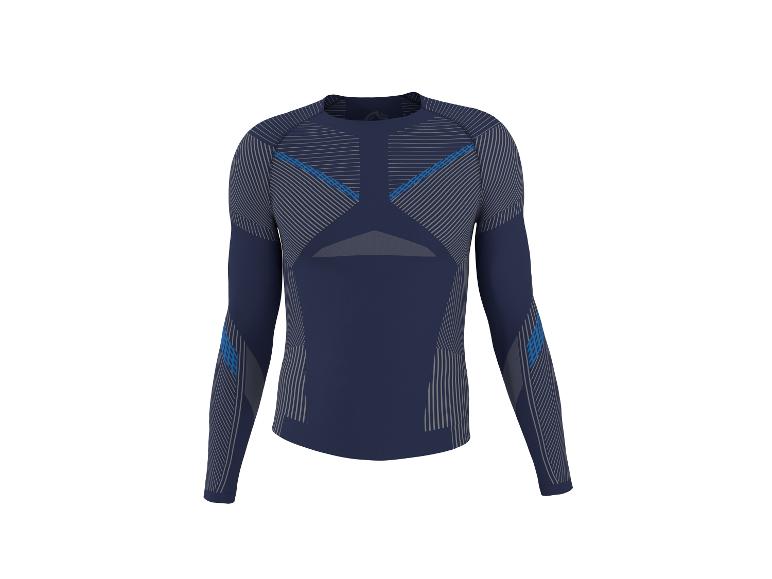 Donkerblauw sportshirt met lange mouwen, grijze strepen en blauwe accenten.