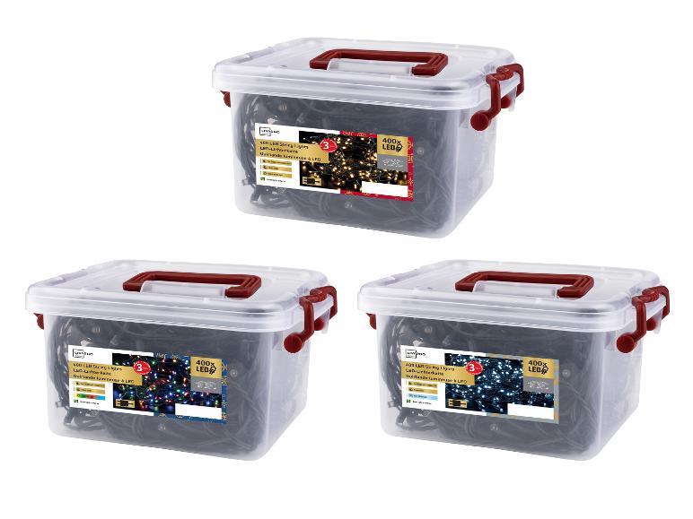 LIVARNO home 400 LED lichtslingers in warm wit, gekleurd en koel wit in transparante opbergdozen.