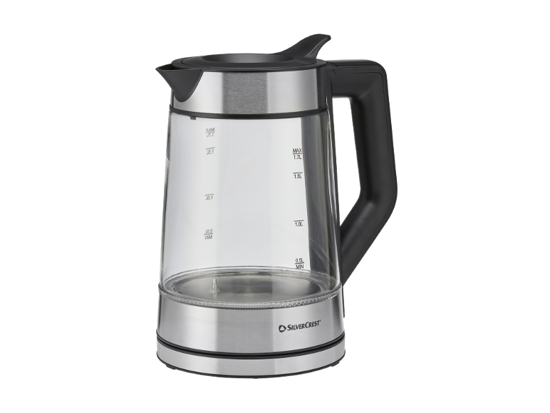 SilverCrest glazen en roestvrijstalen waterkoker.