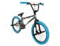 Grijze BMX-fiets met blauwe banden en handvatten.