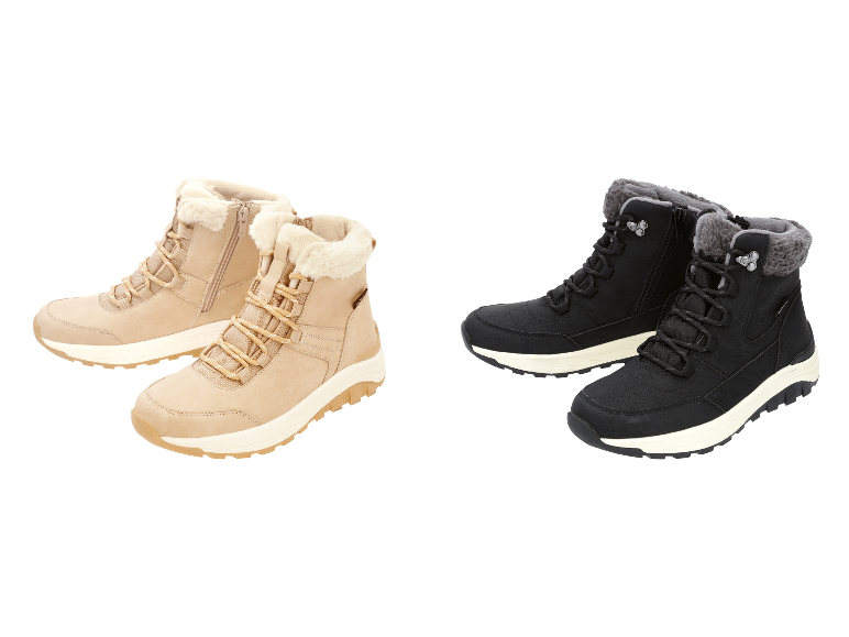 Gevoerde winterlaarzen in beige en zwart met een witte zool.