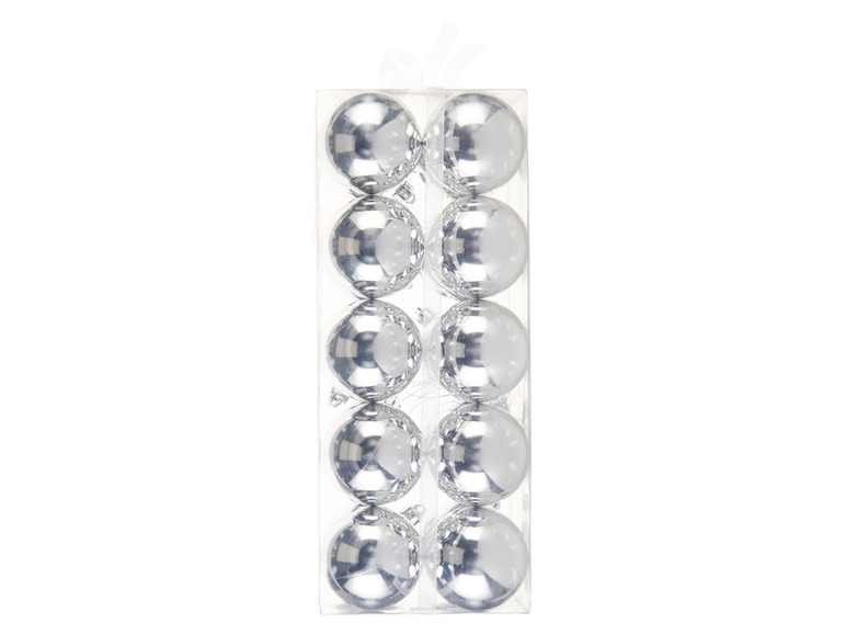 Een pakket met zilveren kerstballen.
