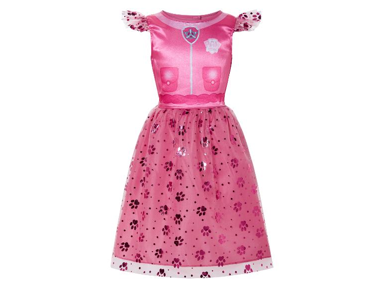 Roze Paw Patrol kinderjurk met tule rok en pootafdrukken.