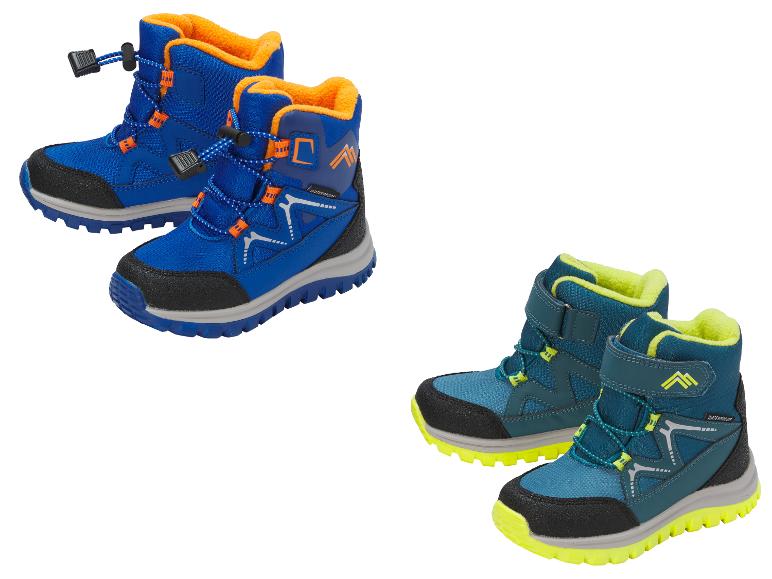 Twee paar waterdichte kinderwinterlaarzen: blauw met oranje en turquoise met neongeel.
