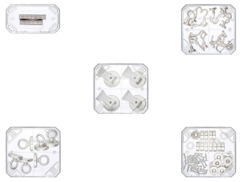 PARKSIDE magneetsets met diverse magneten, haken, oogjes en bevestigingsmaterialen in transparante dozen.