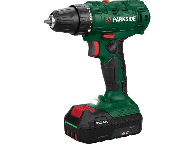 Groene accuboormachine met zwarte boorkop en 2.0Ah accupack.