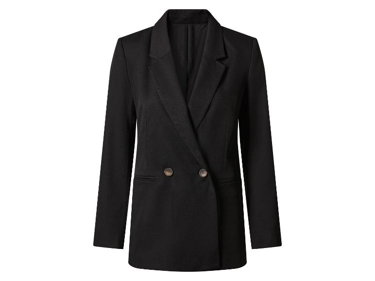 Een zwarte dubbelknoops blazer met twee knopen.
