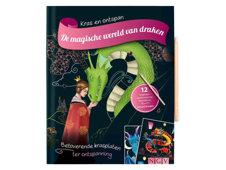 Een boek met 12 krasplaten van draken voor ontspanning.