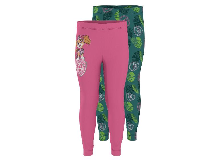 Twee kinderleggings, één roze met een tekenfilmfiguur en één groene met een bladpatroon.