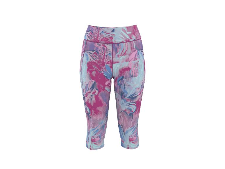 Capri fitnesslegging met een abstract roze, blauw en paars patroon.