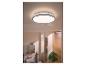 Ronde plafondlamp met achtergrondverlichting, verlicht een badkamer met wastafel en plant.