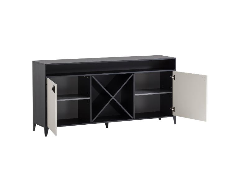 Donkergrijze dressoir met wijnrek en open deuren