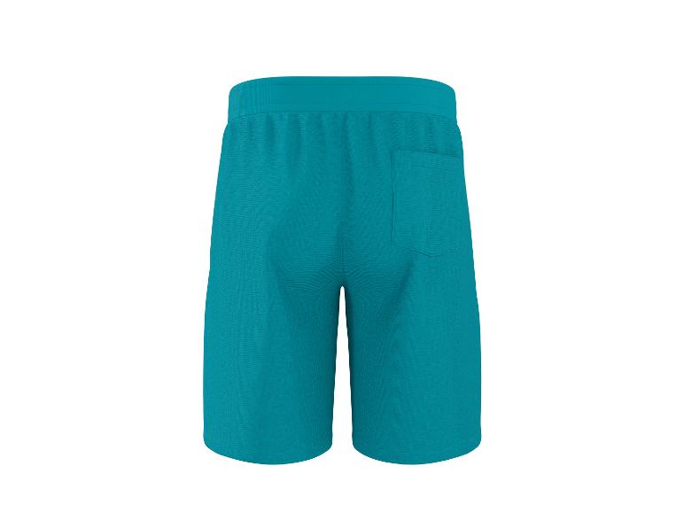 Turquoiseblauwe sweatshorts met achterzak, achteraanzicht.