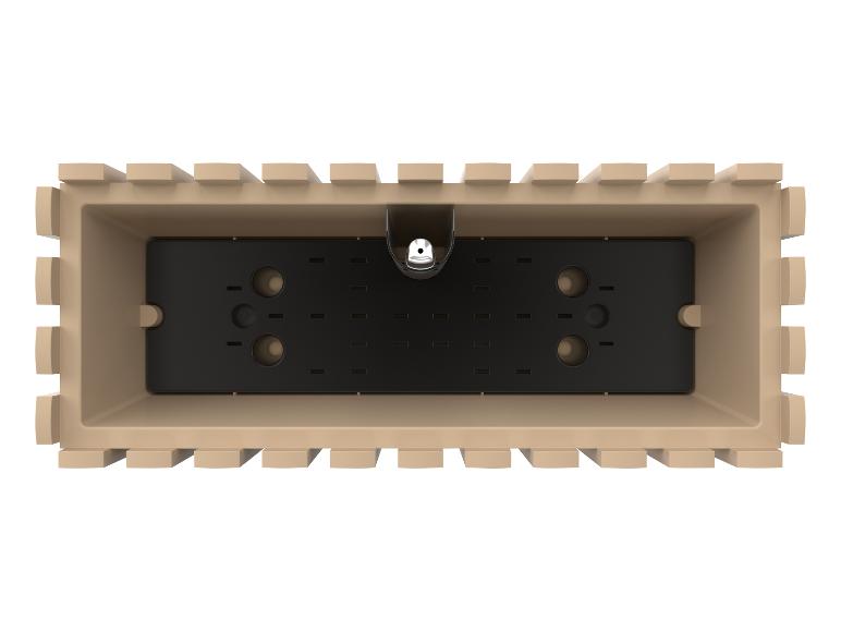 Bovenaanzicht van een rechthoekige beige plantenbak met een zwart inzetstuk en afvoersysteem.