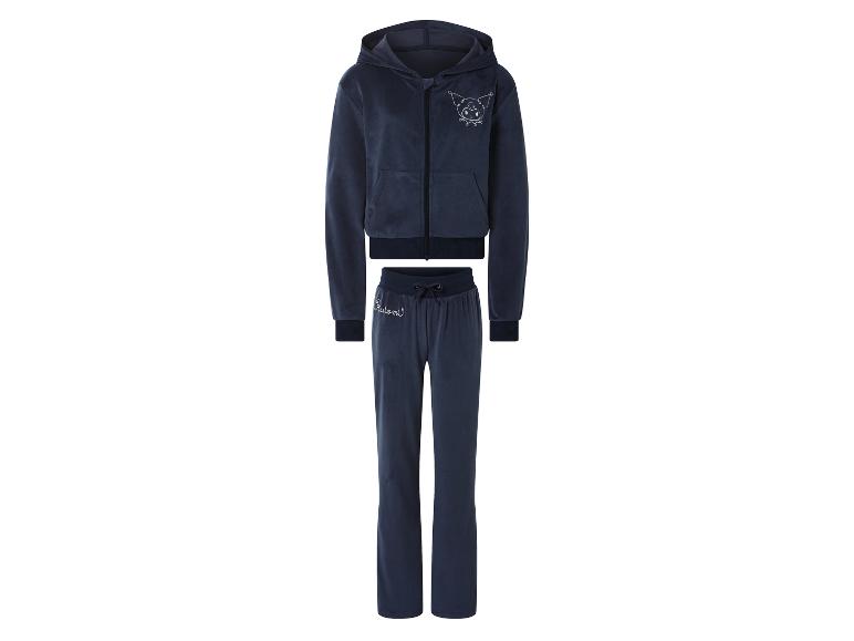 Donkerblauw velours kinder trainingspak met capuchon en cartoonprint.