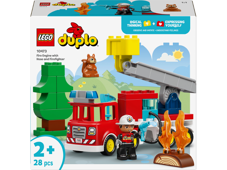 Speelgoed brandweerwagen met brandweerman, slang en vlammen, 28 stuks voor 2+ jaar.