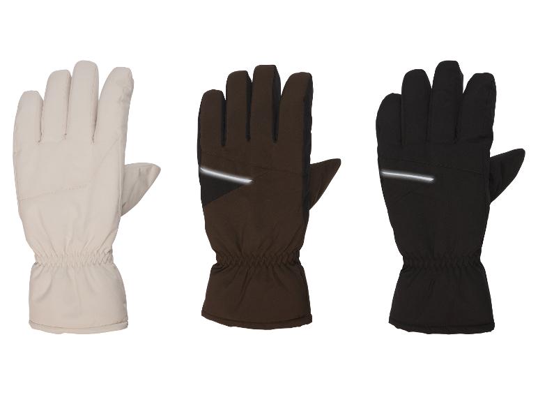 Drie paar skihandschoenen in beige, bruin en zwart.