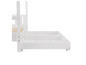 Wit bedframe met uittrekbare lade en wielen.